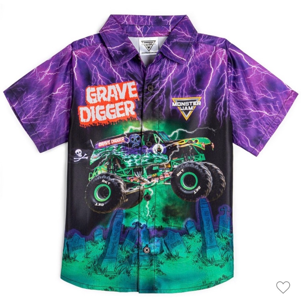 Monster Jam- Boys Grave Digger Button Down Purple & Green Shirt - Sizes: 4T & 5T